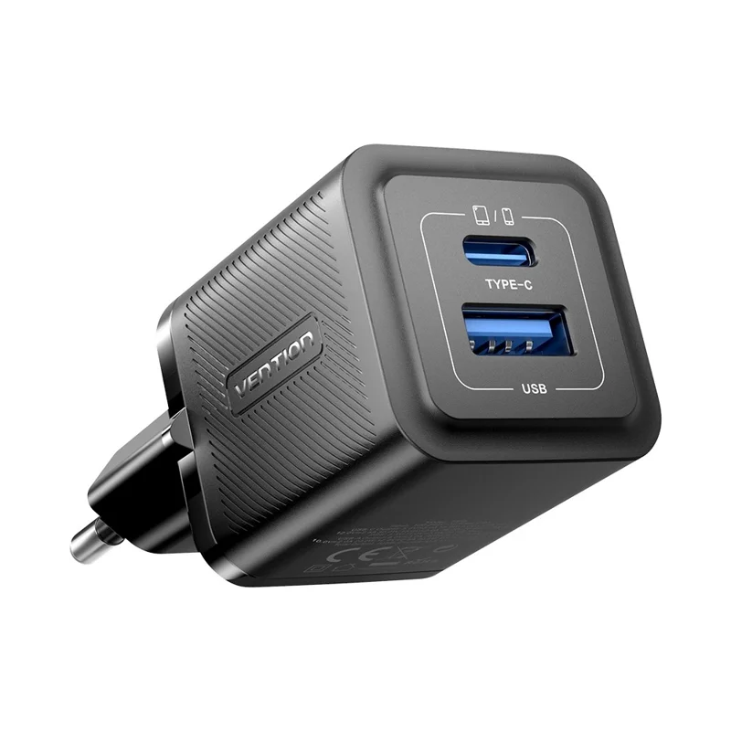 VENTION FEQ Series GaN Charger USB A + USB C Dual Ports 30W Fast Charging Adapter, EU Plug - Black