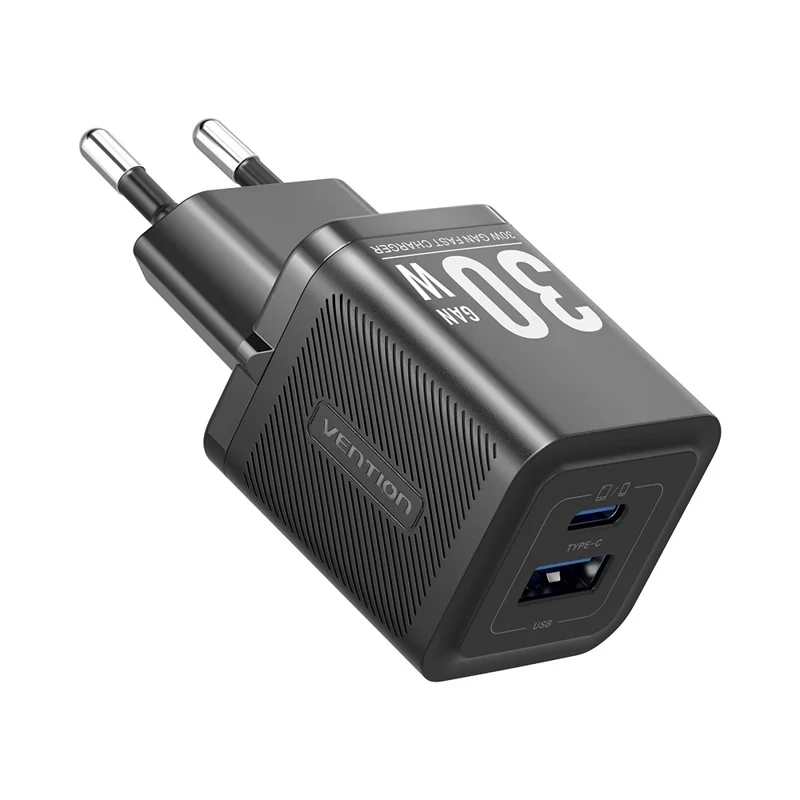 VENTION FEQ Series GaN Charger USB A + USB C Dual Ports 30W Fast Charging Adapter, EU Plug - Black