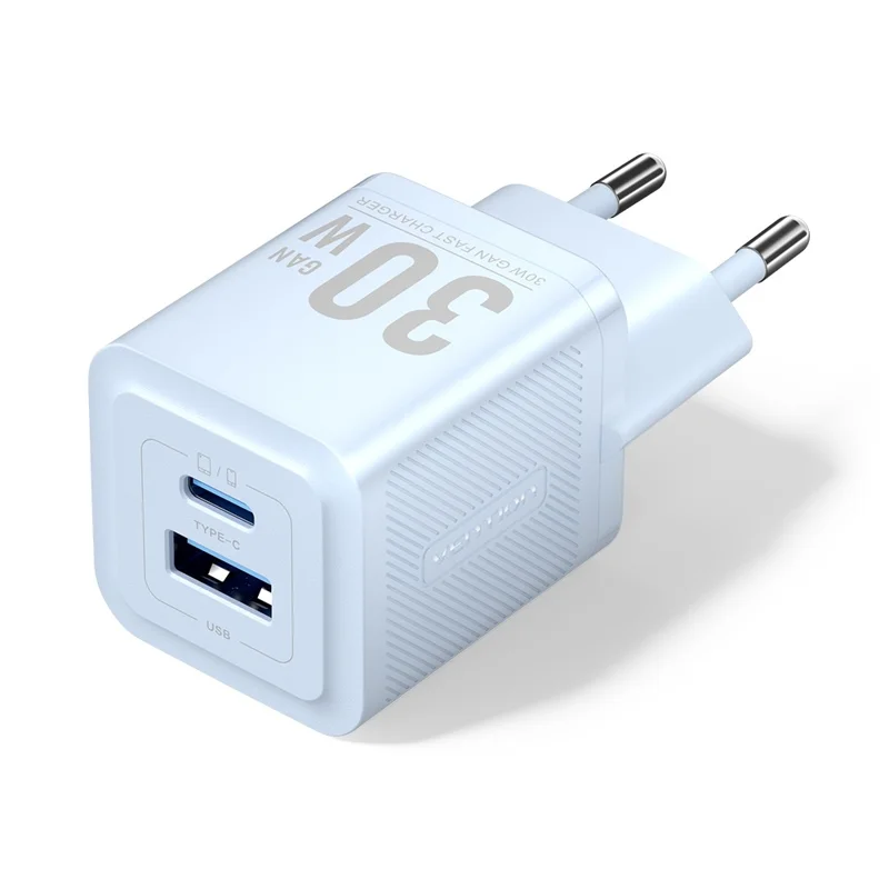 VENTION FEQ Series GaN Charger USB A + USB C Dual Ports 30W Fast Charging Adapter, EU Plug - Blue