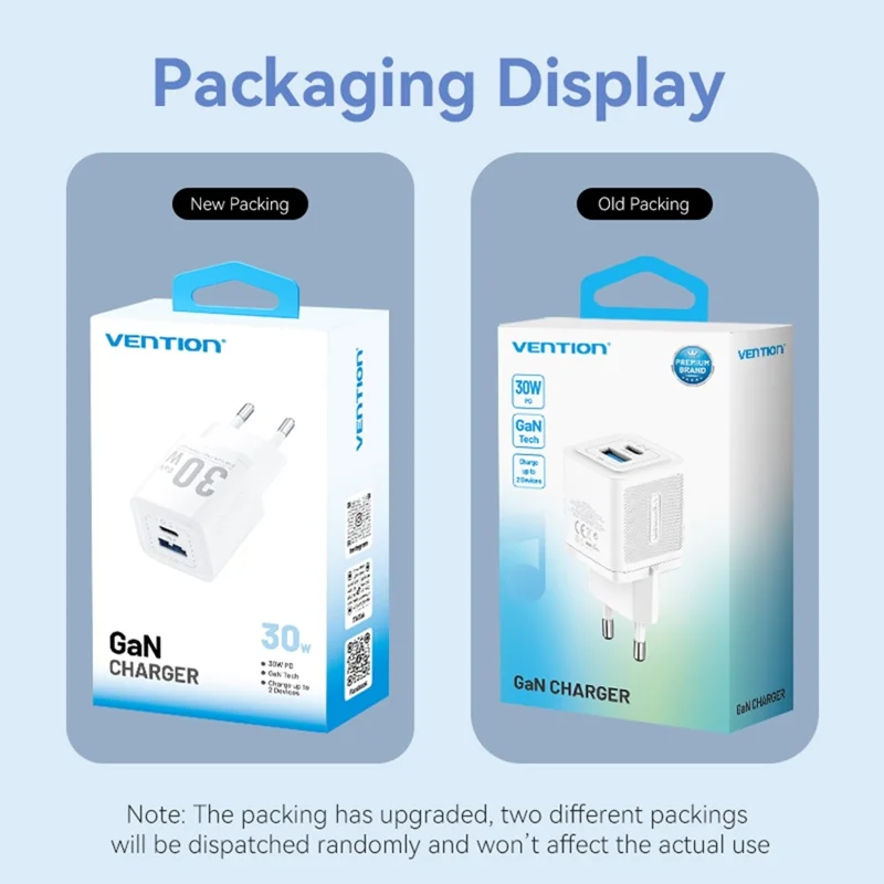 VENTION FEQ Series GaN Charger USB A + USB C Dual Ports 30W Fast Charging Adapter, EU Plug - Blue