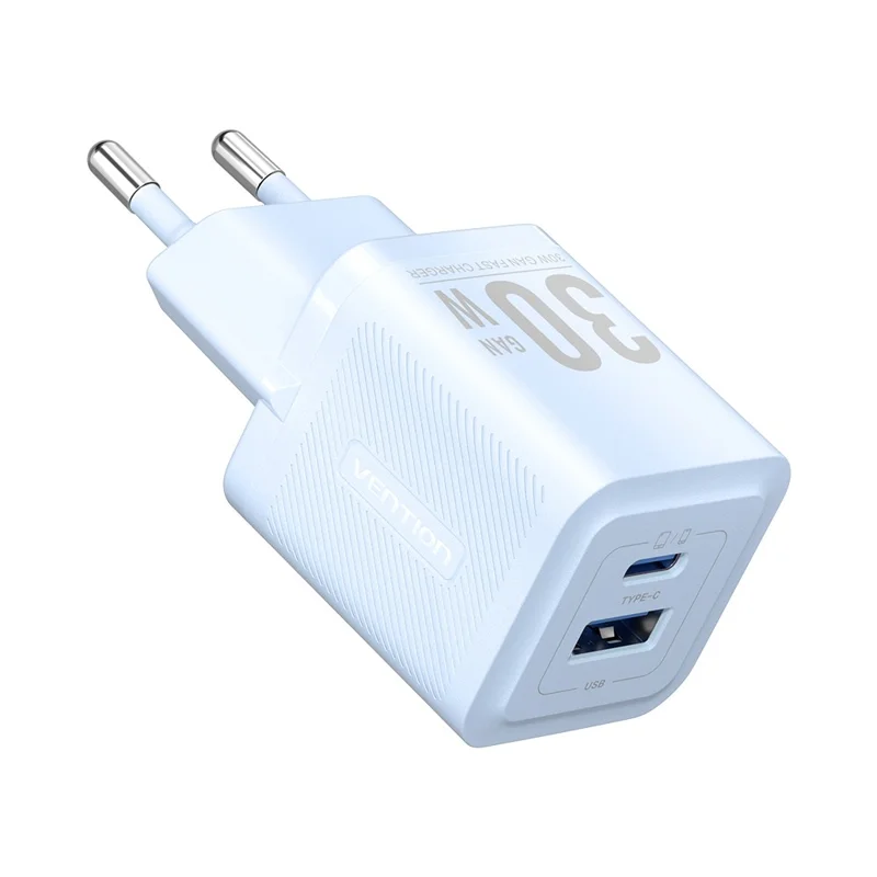 VENTION FEQ Series GaN Charger USB A + USB C Dual Ports 30W Fast Charging Adapter, EU Plug - Blue