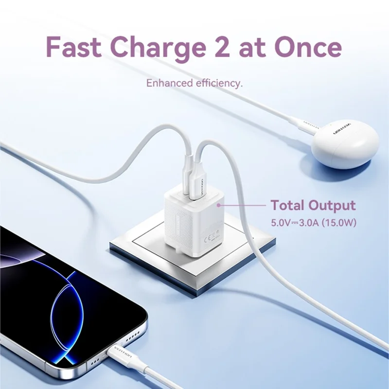 VENTION FEQ Series GaN Charger USB A + USB C Dual Ports 30W Fast Charging Adapter, EU Plug - Blue