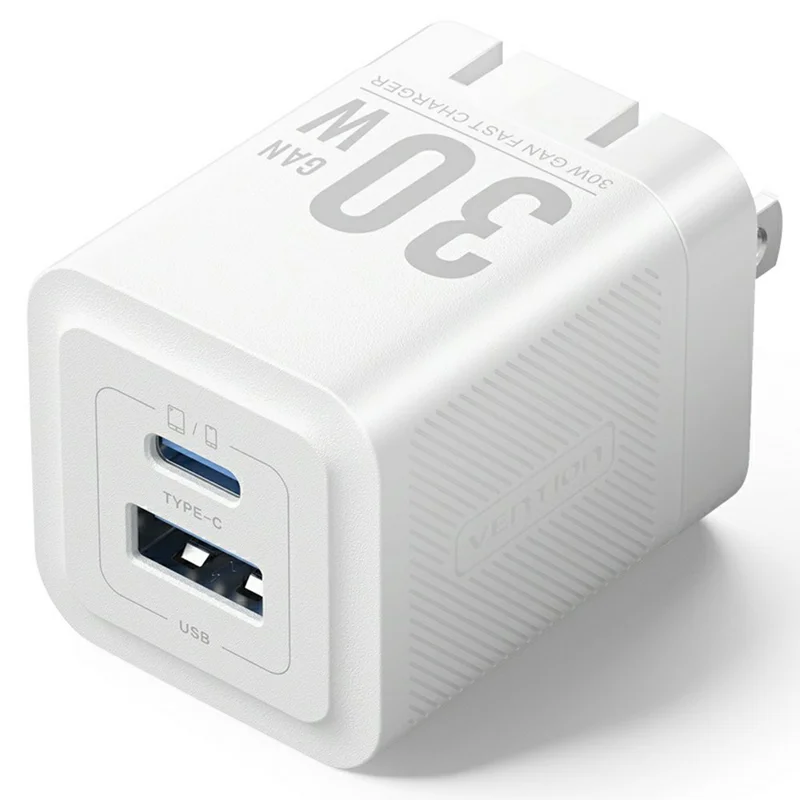 VENTION FEQ Series 30W Fast Charging Adapter USB A + Type C Dual Port GaN Charger, US Plug - White