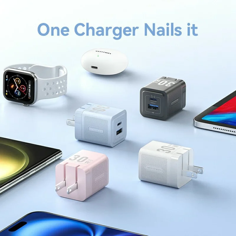 VENTION FEQ Серия 30 Вт зарядное устройство с быстрой зарядкой USB A + Type C, двухпортовое GaN зарядное устройство, вилка US - Черный