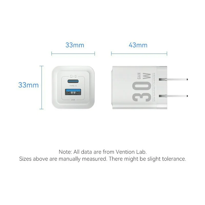 VENTION FEQ Серия 30 Вт зарядное устройство с быстрой зарядкой USB A + Type C, двухпортовое GaN зарядное устройство, вилка US - Черный