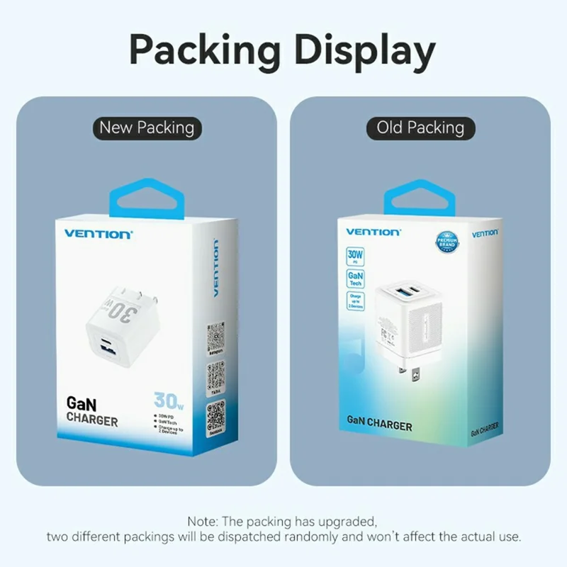 VENTION FEQ Серия 30 Вт зарядное устройство с быстрой зарядкой USB A + Type C, двухпортовое GaN зарядное устройство, вилка US - Черный