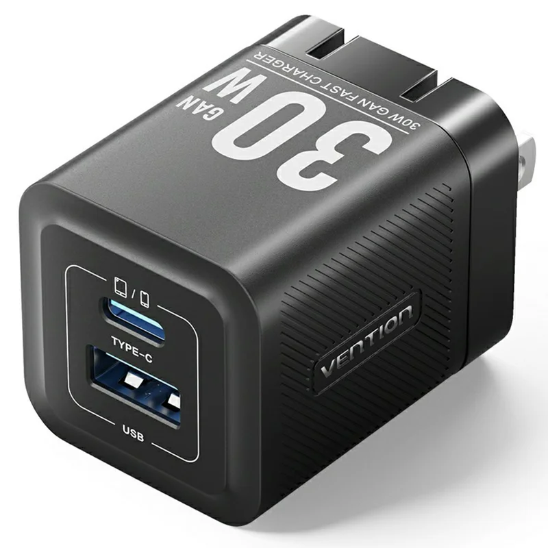 VENTION FEQ Серия 30 Вт зарядное устройство с быстрой зарядкой USB A + Type C, двухпортовое GaN зарядное устройство, вилка US - Черный