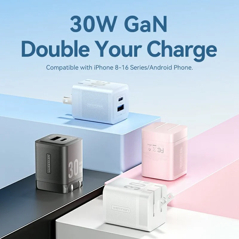 VENTION FEQ Серия 30 Вт зарядное устройство с быстрой зарядкой USB A + Type C, двухпортовое GaN зарядное устройство, вилка US - Черный