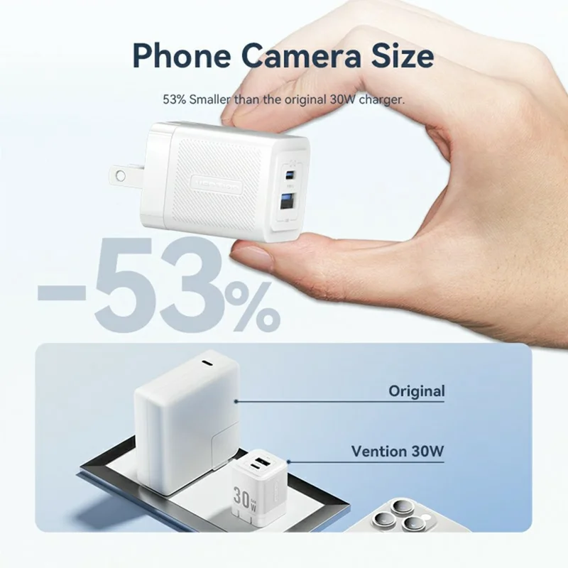 VENTION FEQ Серия 30 Вт зарядное устройство с быстрой зарядкой USB A + Type C, двухпортовое GaN зарядное устройство, вилка US - Черный