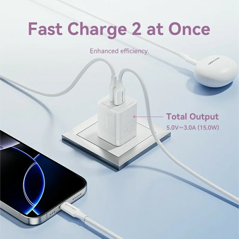 VENTION FEQ Серия 30 Вт зарядное устройство с быстрой зарядкой USB A + Type C, двухпортовое GaN зарядное устройство, вилка US - Черный