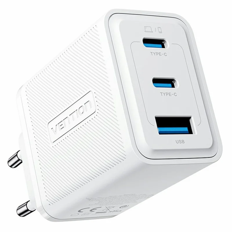 VENTION FER Series 65W Fast Charging GaN Charger USB A + 2 Type C 3 Ports Power Adapter, EU Plug - White