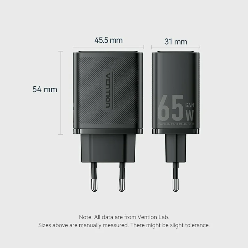 VENTION FER Series 65W Fast Charging GaN Charger USB A + 2 Type C 3 Ports Power Adapter, EU Plug - White