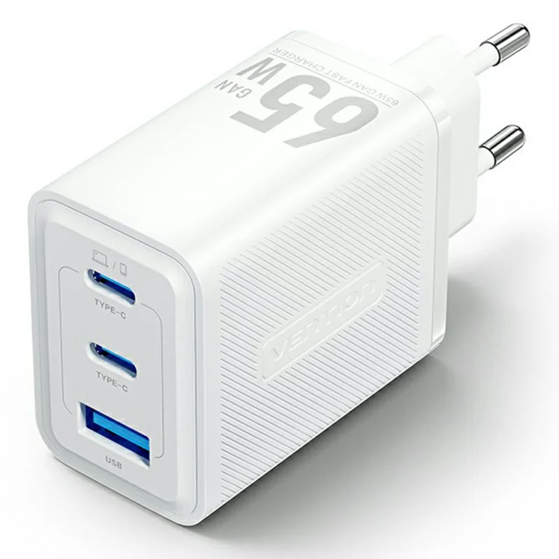 VENTION FER Series 65W Fast Charging GaN Charger USB A + 2 Type C 3 Ports Power Adapter, EU Plug - White