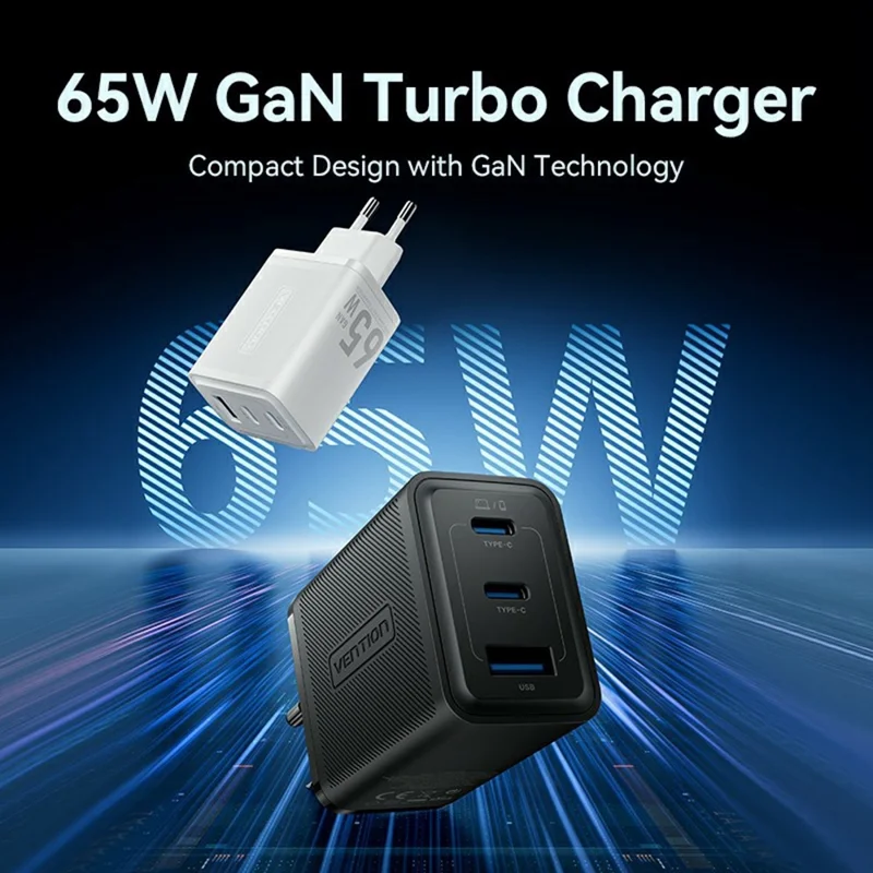 VENTION FER Series 65W Fast Charging GaN Charger USB A + 2 Type C 3 Ports Power Adapter, EU Plug - White