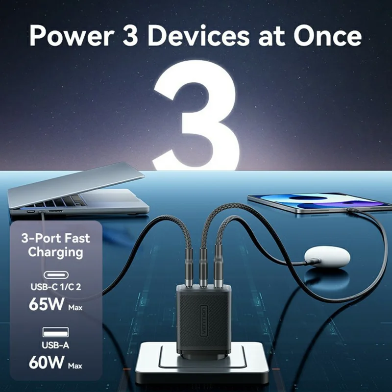 VENTION FER Series 65W Fast Charging GaN Charger USB A + 2 Type C 3 Ports Power Adapter, EU Plug - White