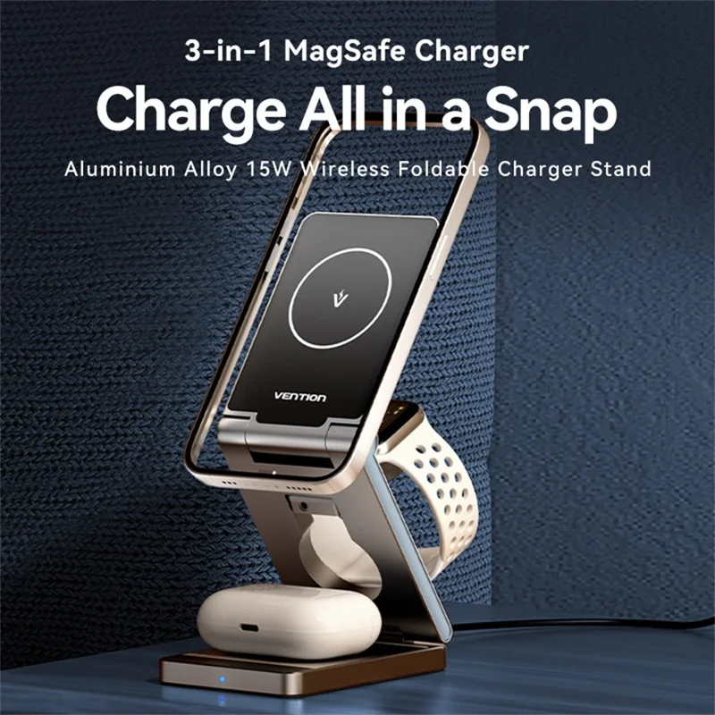 Soporte de carga inalámbrica magnético VENTION serie FGF 3 en 1 de 15W para teléfono móvil / Reloj / Auriculares