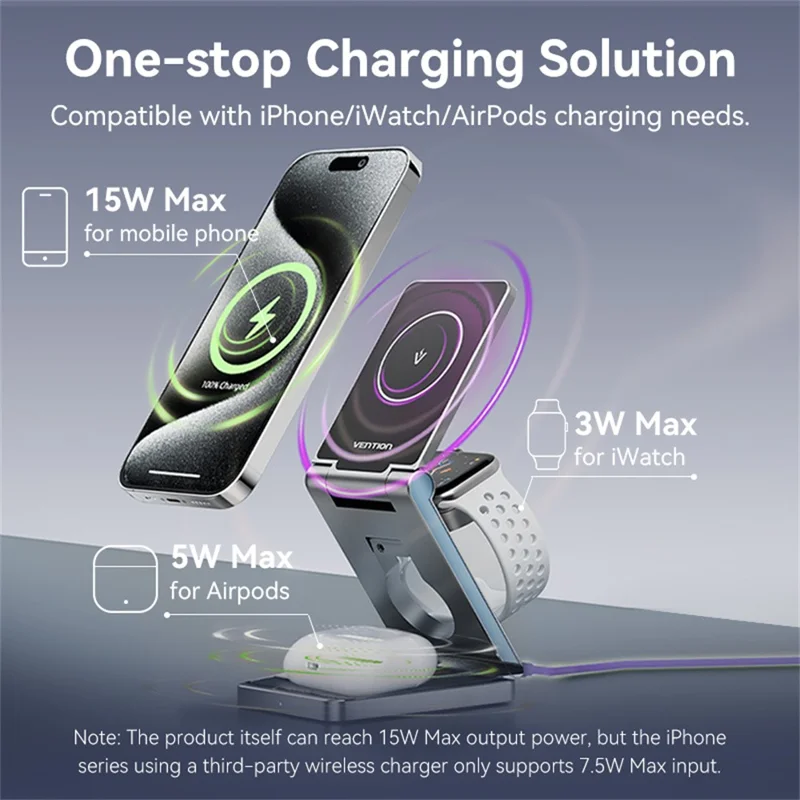 Soporte de carga inalámbrica magnético VENTION serie FGF 3 en 1 de 15W para teléfono móvil / Reloj / Auriculares