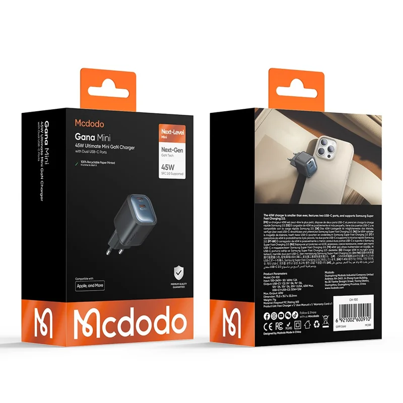 MCDODO CH-100 EU Plug 45W Ultimate Mini GaN Charger Dual USB C Fast Charging Power Adapter - Black