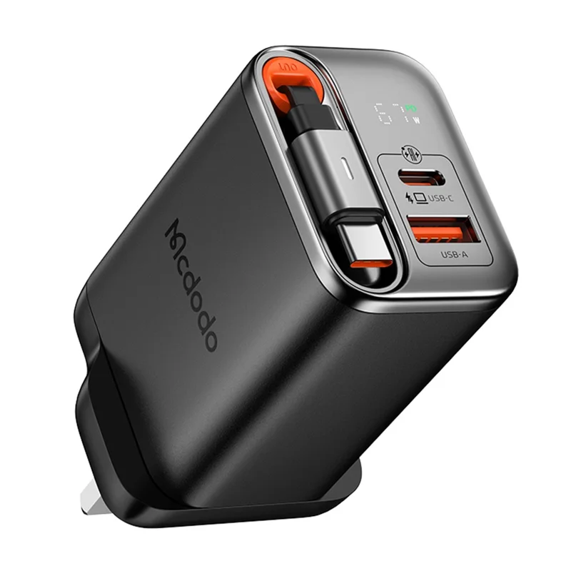 MCDODO CH-409 FreeGo 67W GaN Charger USB-C USB-A Power Adapter with Built-in Retractable Cable, UK Plug - Black