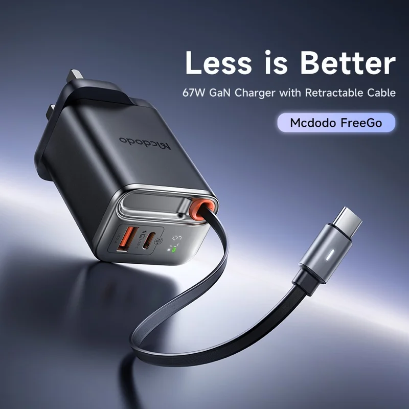 MCDODO CH-409 FreeGo 67W GaN Charger USB-C USB-A Power Adapter with Built-in Retractable Cable, UK Plug - Black