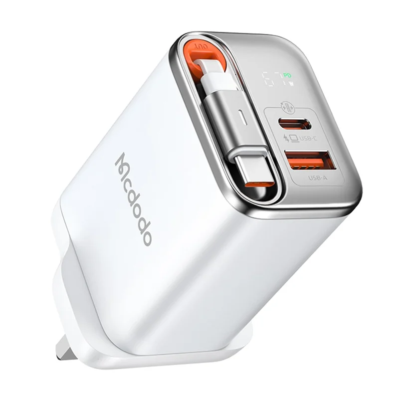 MCDODO CH-409 FreeGo 67W GaN Charger USB-C USB-A Power Adapter with Built-in Retractable Cable, UK Plug - White