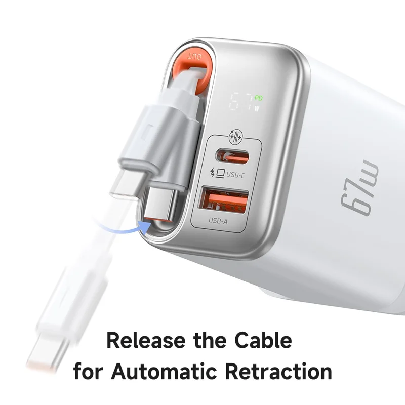 MCDODO CH-409 FreeGo 67W GaN Charger USB-C USB-A Power Adapter with Built-in Retractable Cable, UK Plug - White