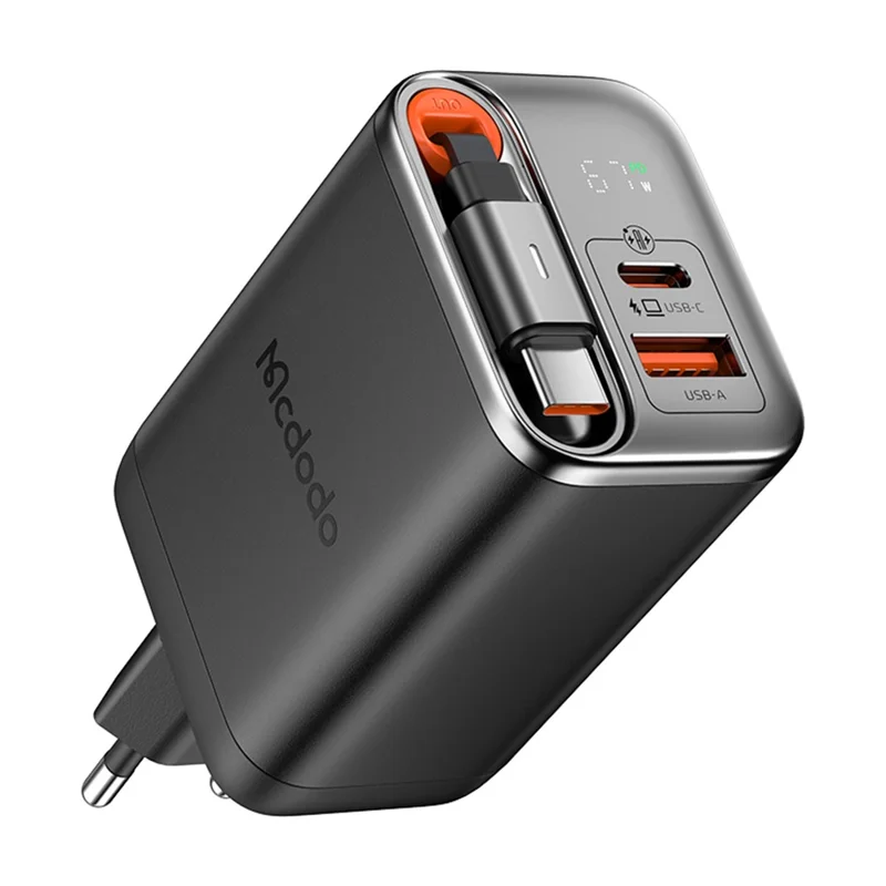 MCDODO CH-410 FreeGo 67W GaN Charger USB-C USB-A Power Adapter with Built-in Retractable Cable, EU Plug - Black