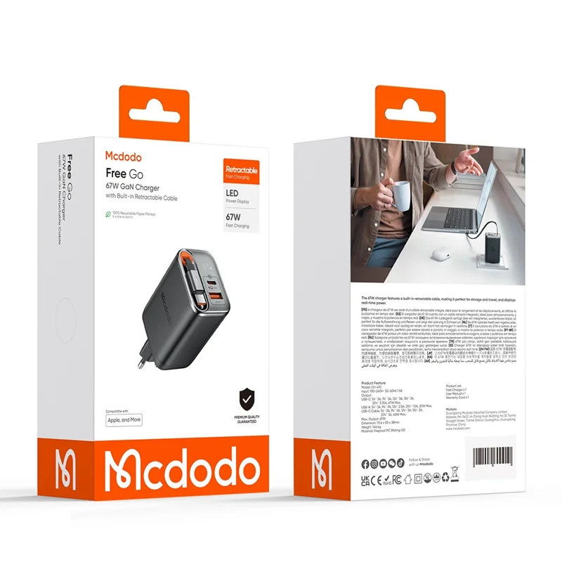 MCDODO CH-410 FreeGo 67W GaN Charger USB-C USB-A Power Adapter with Built-in Retractable Cable, EU Plug - Black