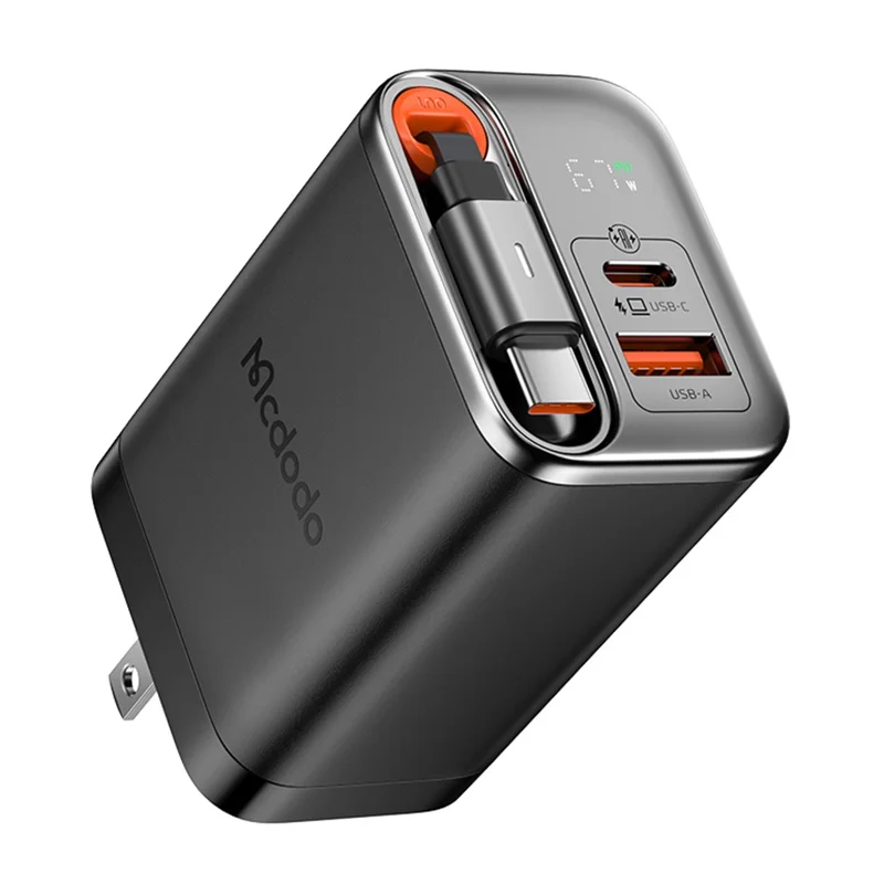 MCDODO CH-411 FreeGo 67W GaN Charger USB-C USB-A Power Adapter with Built-in Retractable Cable, US Plug - Black