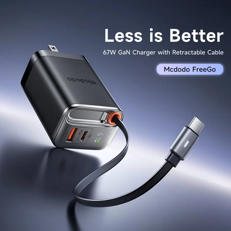 MCDODO CH-411 FreeGo 67W GaN Charger USB-C USB-A Power Adapter with Built-in Retractable Cable, US Plug - Black