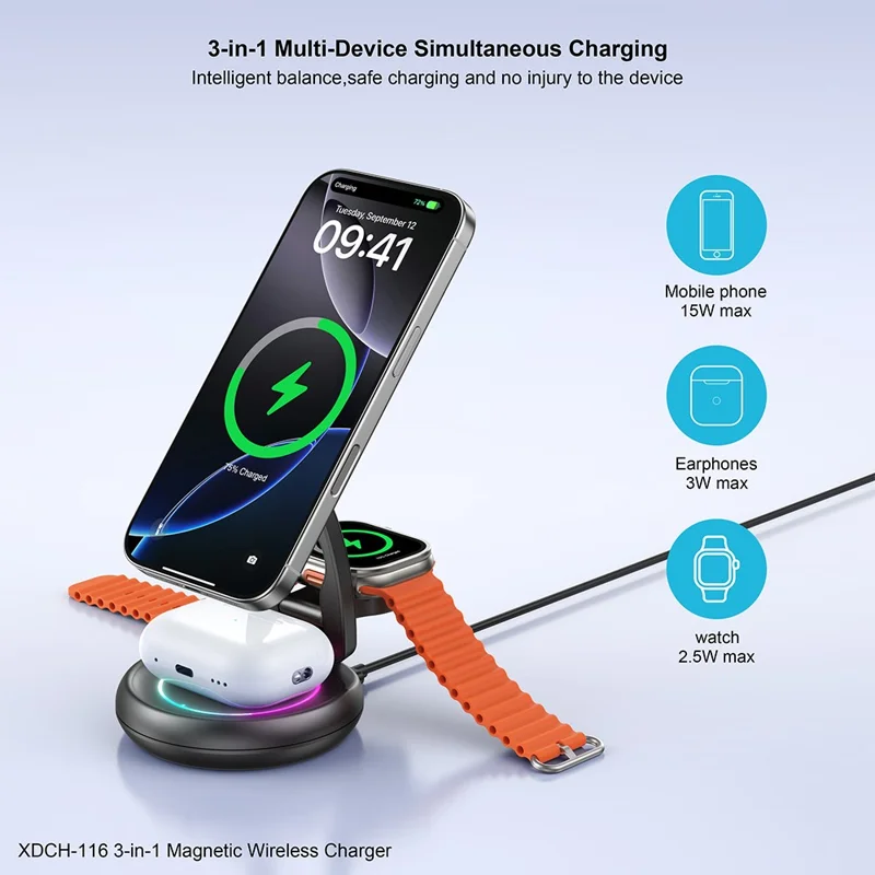 XUNDD XDCH-116 3 in 1 Magnetic Wireless Charger for Mobile Phone / Earphones / Watch Folding Desktop Charging Dock