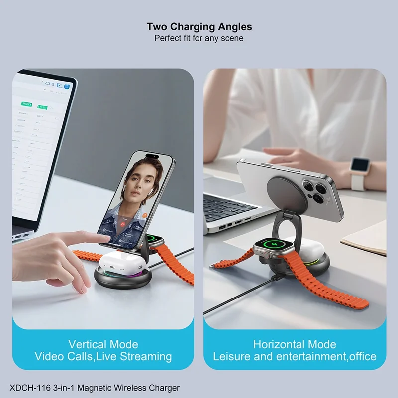 XUNDD XDCH-116 3 in 1 Magnetic Wireless Charger for Mobile Phone / Earphones / Watch Folding Desktop Charging Dock