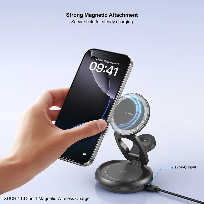 XUNDD XDCH-116 3 in 1 Magnetic Wireless Charger for Mobile Phone / Earphones / Watch Folding Desktop Charging Dock