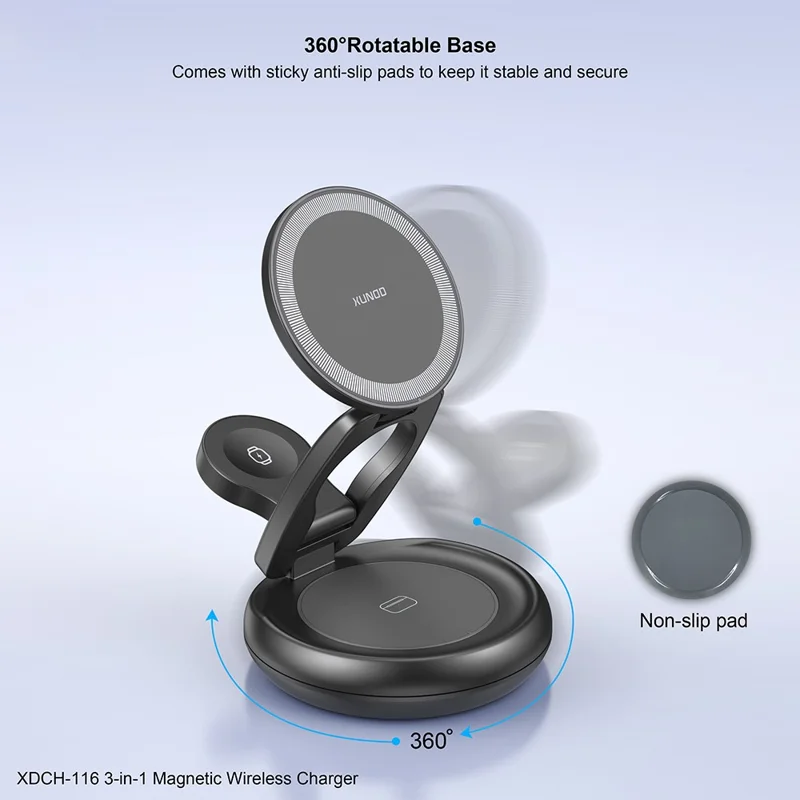 XUNDD XDCH-116 3 in 1 Magnetic Wireless Charger for Mobile Phone / Earphones / Watch Folding Desktop Charging Dock