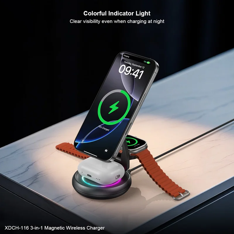 XUNDD XDCH-116 3 in 1 Magnetic Wireless Charger for Mobile Phone / Earphones / Watch Folding Desktop Charging Dock