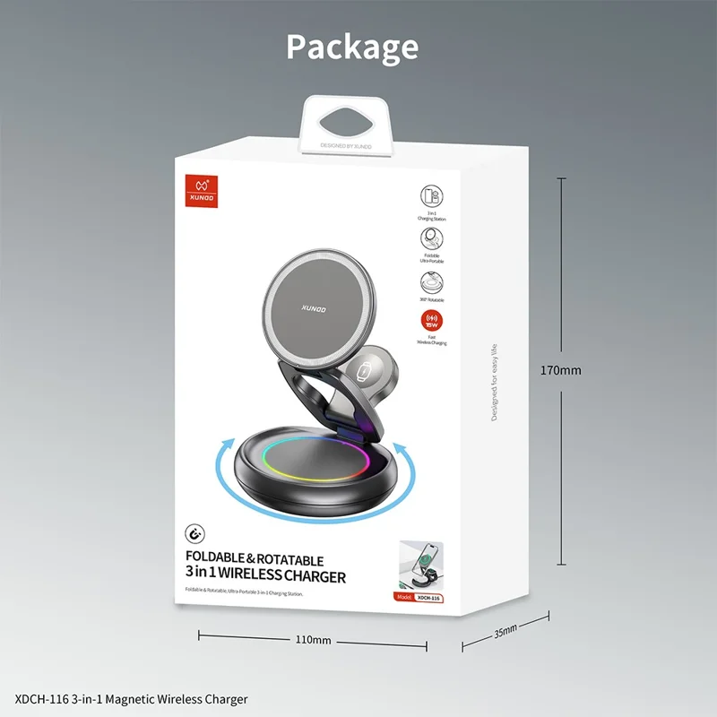 XUNDD XDCH-116 3 in 1 Magnetic Wireless Charger for Mobile Phone / Earphones / Watch Folding Desktop Charging Dock