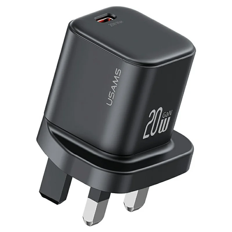 Carregador Rápido Mini GaN USAMS CC274 de 20W com Porta Tipo-C, Adaptador de Tomada Reino Unido - Preto