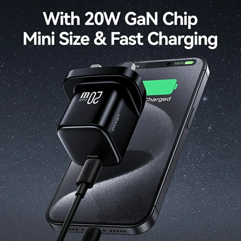 Carregador Rápido Mini GaN USAMS CC274 de 20W com Porta Tipo-C, Adaptador de Tomada Reino Unido - Preto