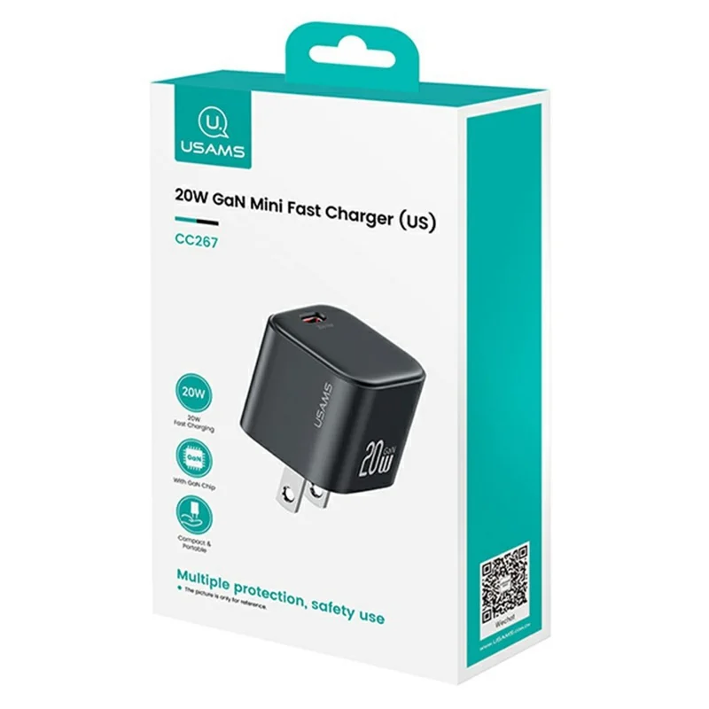 USAMS CC267 20W GaN Mini Fast Charger Single Type-C Port Power Adapter, US Plug - Black