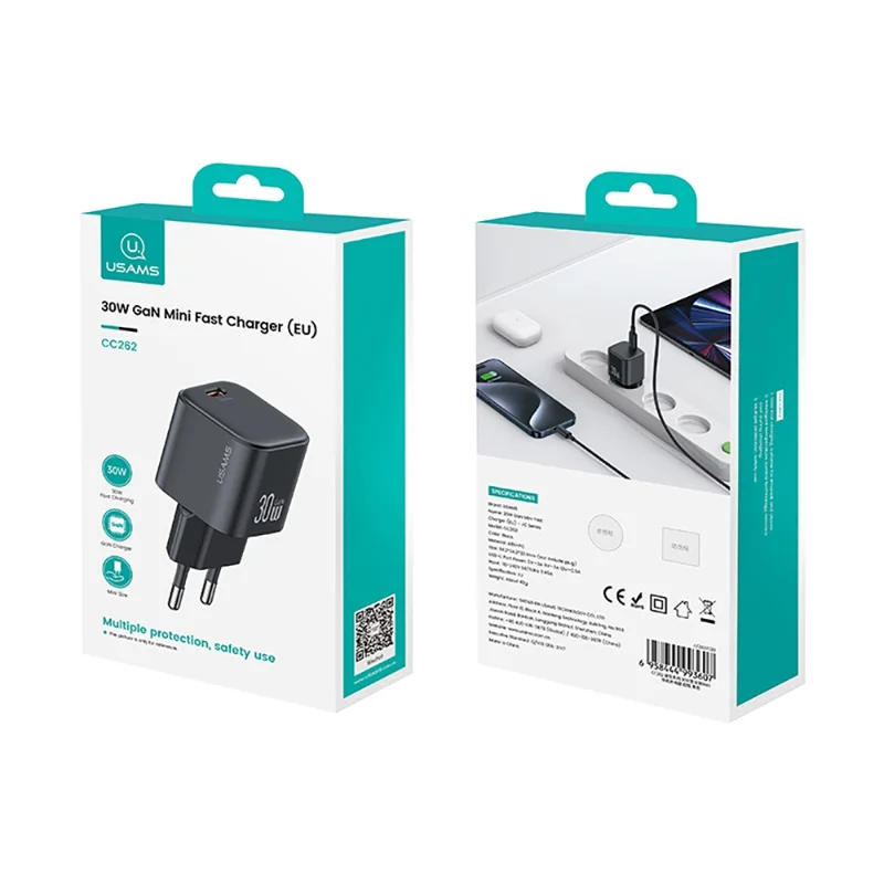 USAMS CC262 30W GaN Mini Fast Charger Type-C Port Power Adapter, EU Plug - Black
