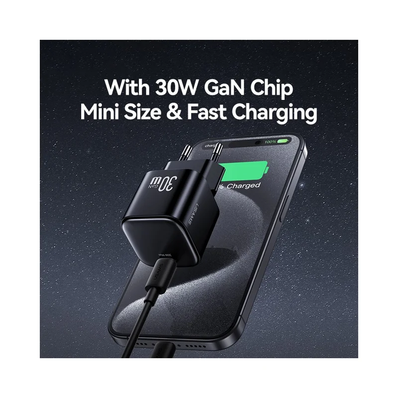 USAMS CC262 30W GaN Mini Fast Charger Type-C Port Power Adapter, EU Plug - Black