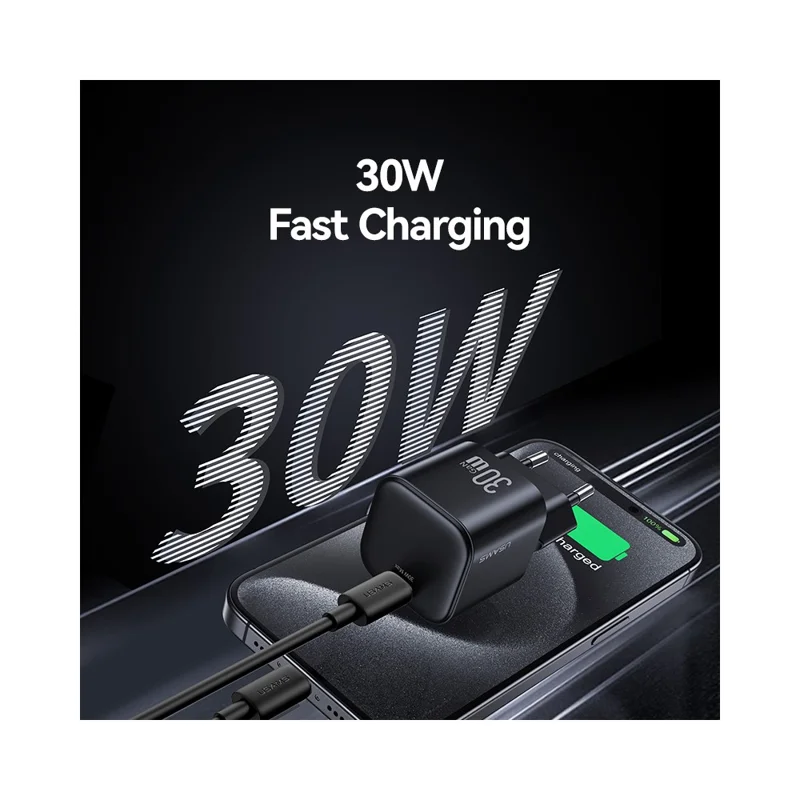 USAMS CC262 30W GaN Mini Fast Charger Type-C Port Power Adapter, EU Plug - Black