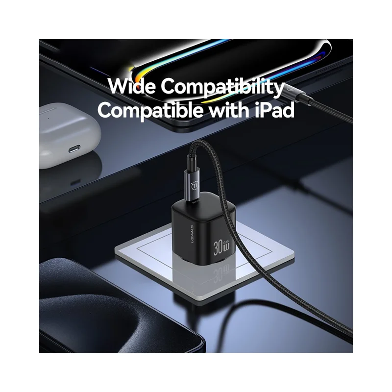 USAMS CC262 30W GaN Mini Fast Charger Type-C Port Power Adapter, EU Plug - Black