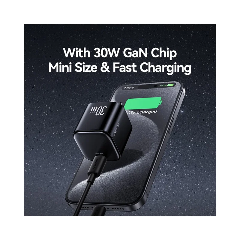USAMS CC269 30W GaN Mini Fast Charger Type-C Port Power Adapter, US Plug - Black