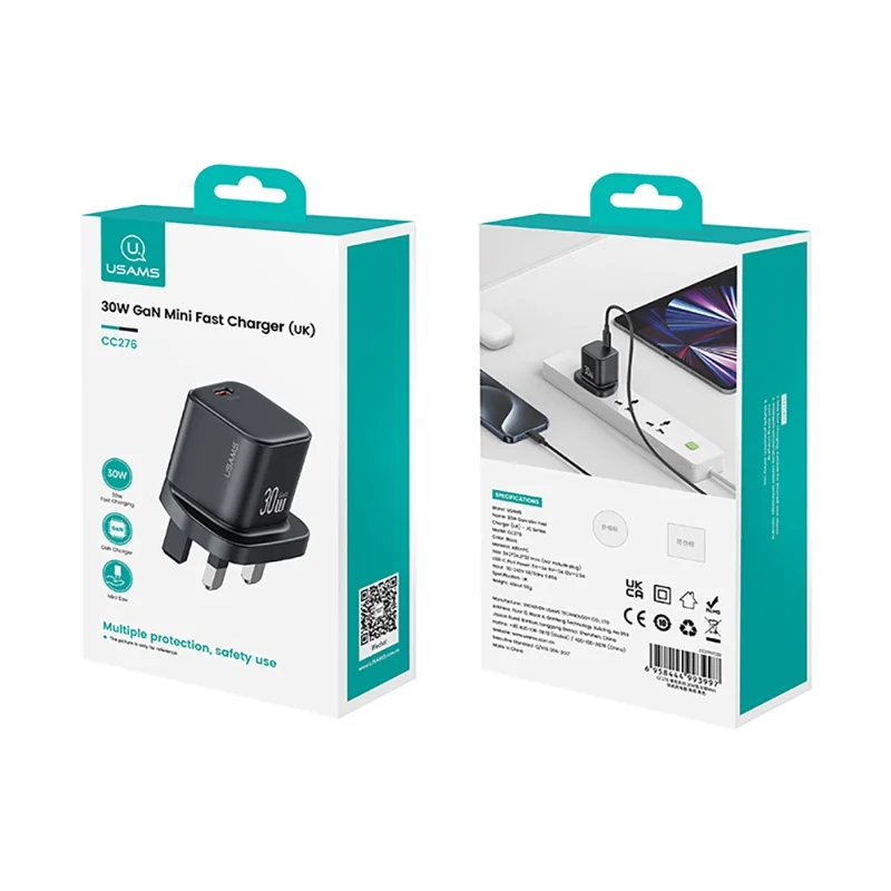 USAMS CC276 30W GaN Mini Fast Charger Type-C Port Power Adapter, UK Plug - Black