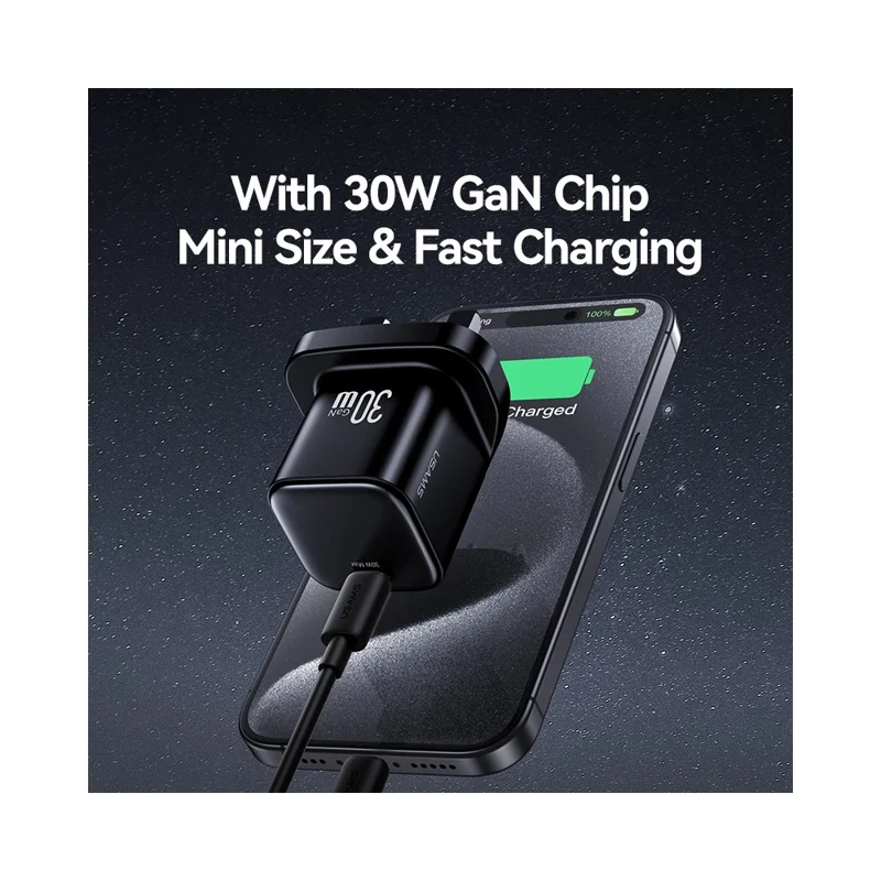 USAMS CC276 30W GaN Mini Fast Charger Type-C Port Power Adapter, UK Plug - Black