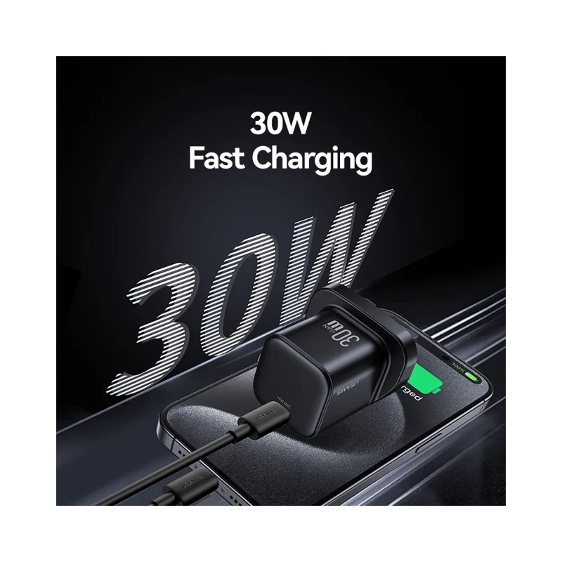 USAMS CC276 30W GaN Mini Fast Charger Type-C Port Power Adapter, UK Plug - Black