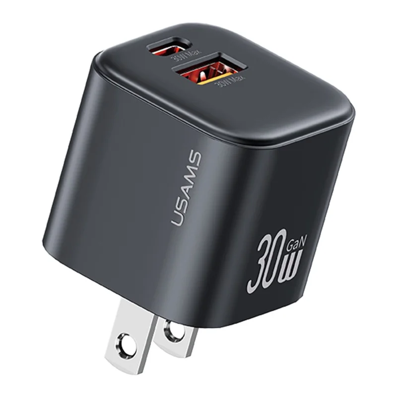 Carregador Rápido USAMS CC270 30W GaN Mini Dupla Porta USB-A + Tipo-C, Adaptador de Energia com Plugue dos EUA - Preto
