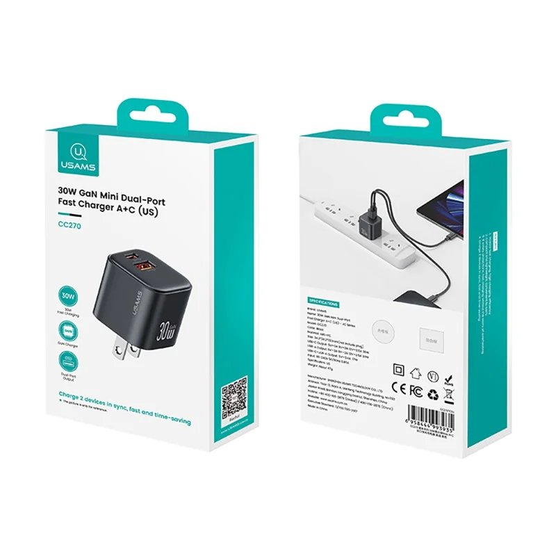 Carregador Rápido USAMS CC270 30W GaN Mini Dupla Porta USB-A + Tipo-C, Adaptador de Energia com Plugue dos EUA - Preto