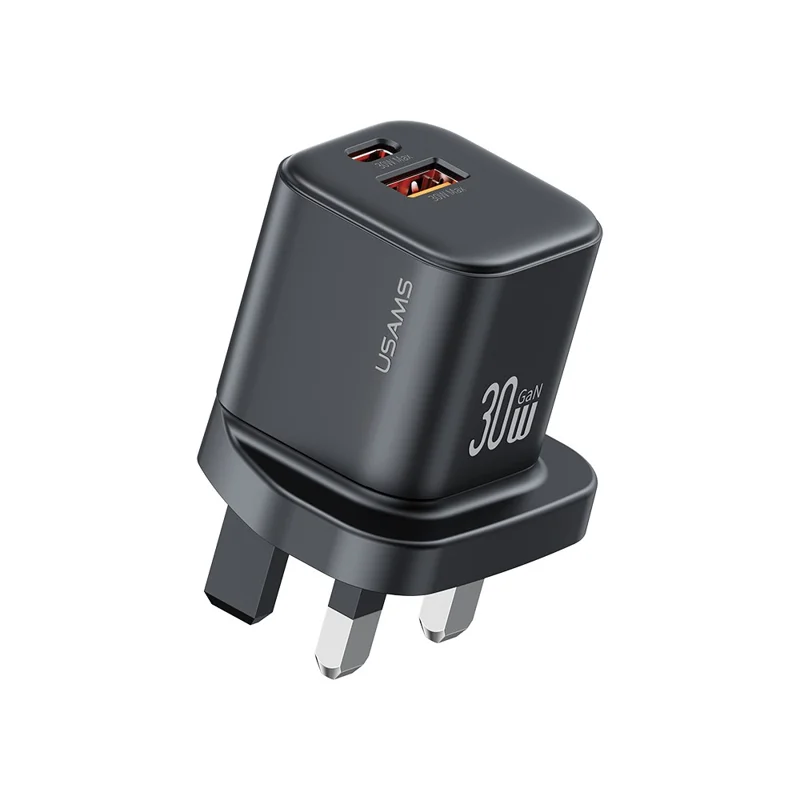 Carregador Rápido Mini Dual USAMS CC277 30W GaN com Portas USB-A + Tipo-C, Plugue do Reino Unido - Preto